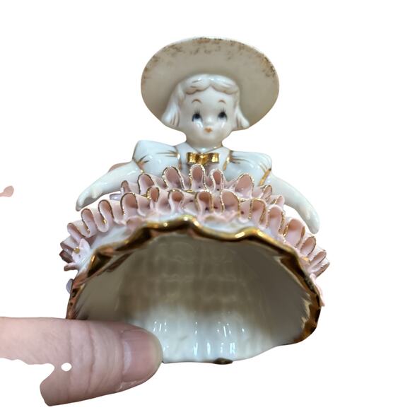 Lefton Bloomer Girls by Geo Z Figurine Gold Pink Dress 50s Victorian FLAW READ - Picture 3 of 13